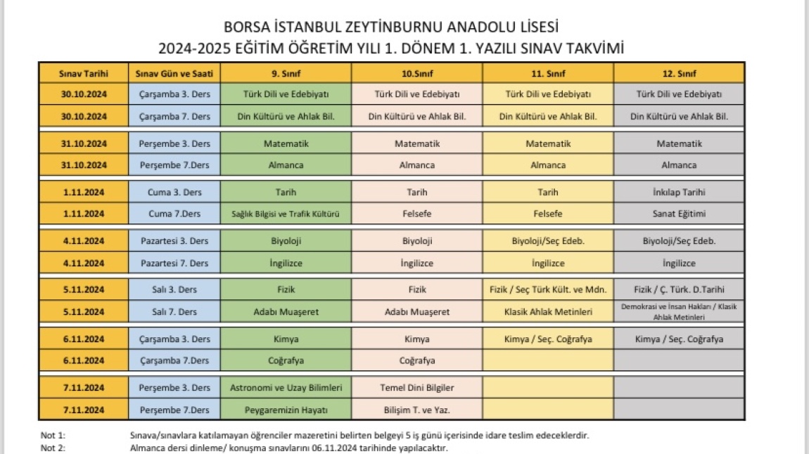 2024-2025 Eğitim Öğretim Dönemi 1.Dönem 1.Sınav Takvimimiz Yayınlandı.