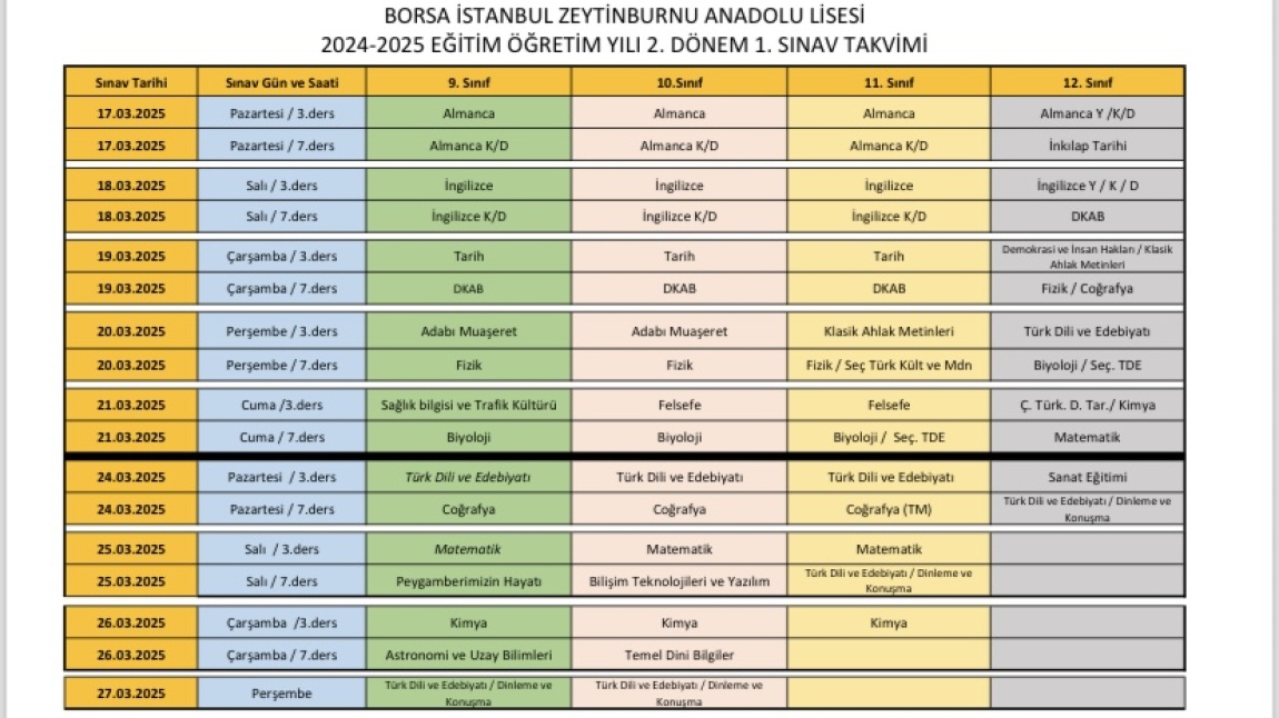 2024-2025 Eğitim Öğretim Dönemi 2.Dönem 1.Sınav Takvimimiz Yayınlandı.